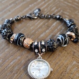 Massini Black and Gold Tone Beaded Charm Bracelet